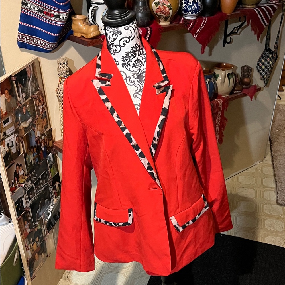 Women's Red Blazer with Leopard Trim